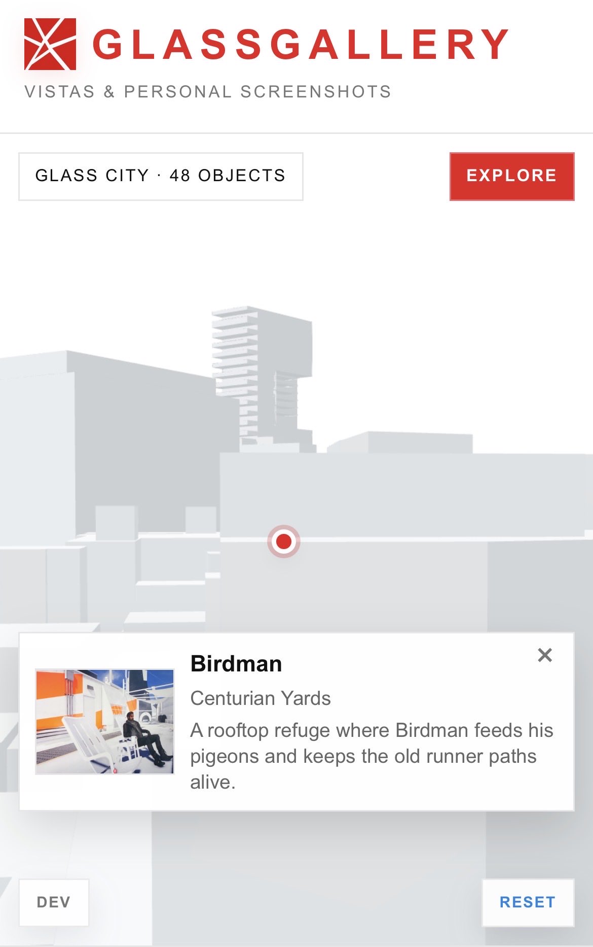 Birdman location card inside GlassGallery
