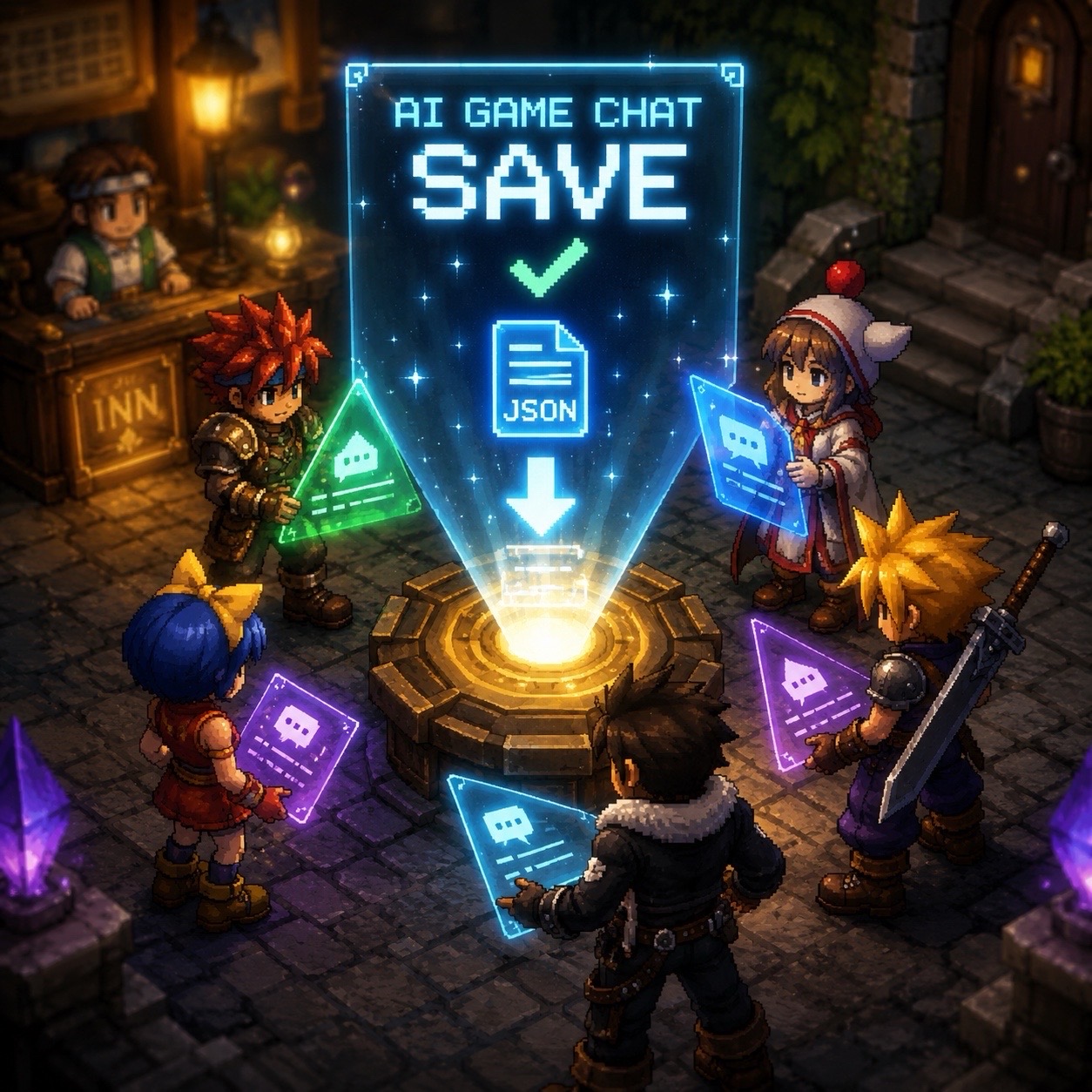 RPG characters saving an AI game chat into a JSON cartridge